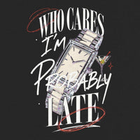 REVØRA Who Cares Probably Late Watch – Oversized Shirt in Black, Rückenprint aus der Nähe