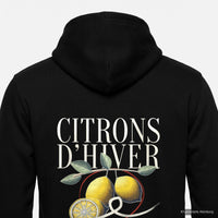 REVØRA Citrons d'Hiver – Zip-Hoodie in Black, Rückenprint aus der Nähe
