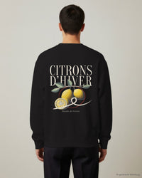 REVØRA Citrons d'Hiver – Sweatshirt in Black, getragen, Rückenprint, KI-generierte Abbildung