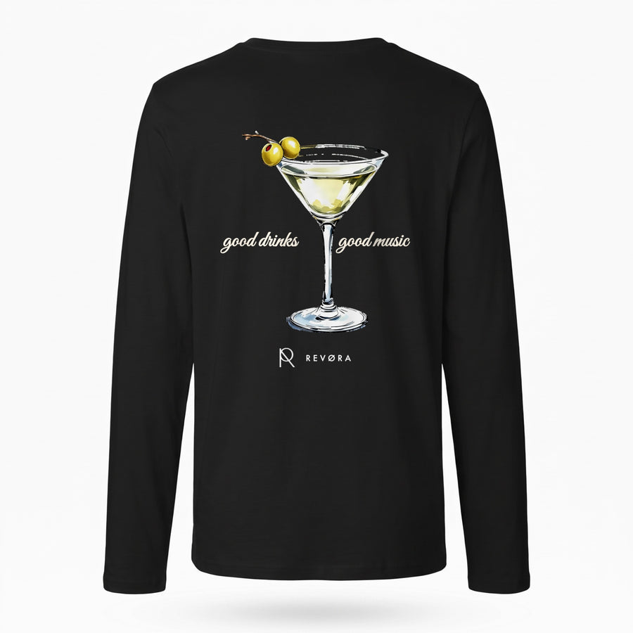 REVØRA Good Drinks, Good Music – Longsleeve in Black, Rückansicht, KI-generierte Abbildung
