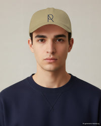 REVØRA RØ – Dad Cap in Desert Sand, getragen, KI-generierte Abbildung