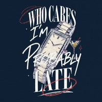 REVØRA Who Cares Probably Late Watch – Oversized Shirt in French Navy, Rückenprint aus der Nähe