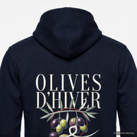 REVØRA Olives d'Hiver – Zip-Hoodie in French Navy, Rückenprint aus der Nähe