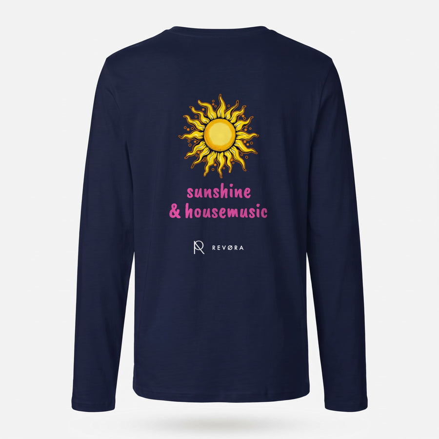 REVØRA Sunshine & Housemusic – Longsleeve in French Navy, Rückansicht, KI-generierte Abbildung