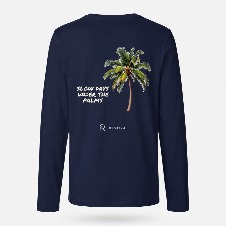 REVØRA Slow Days Under the Palms – Longsleeve in French Navy, Rückansicht, KI-generierte Abbildung