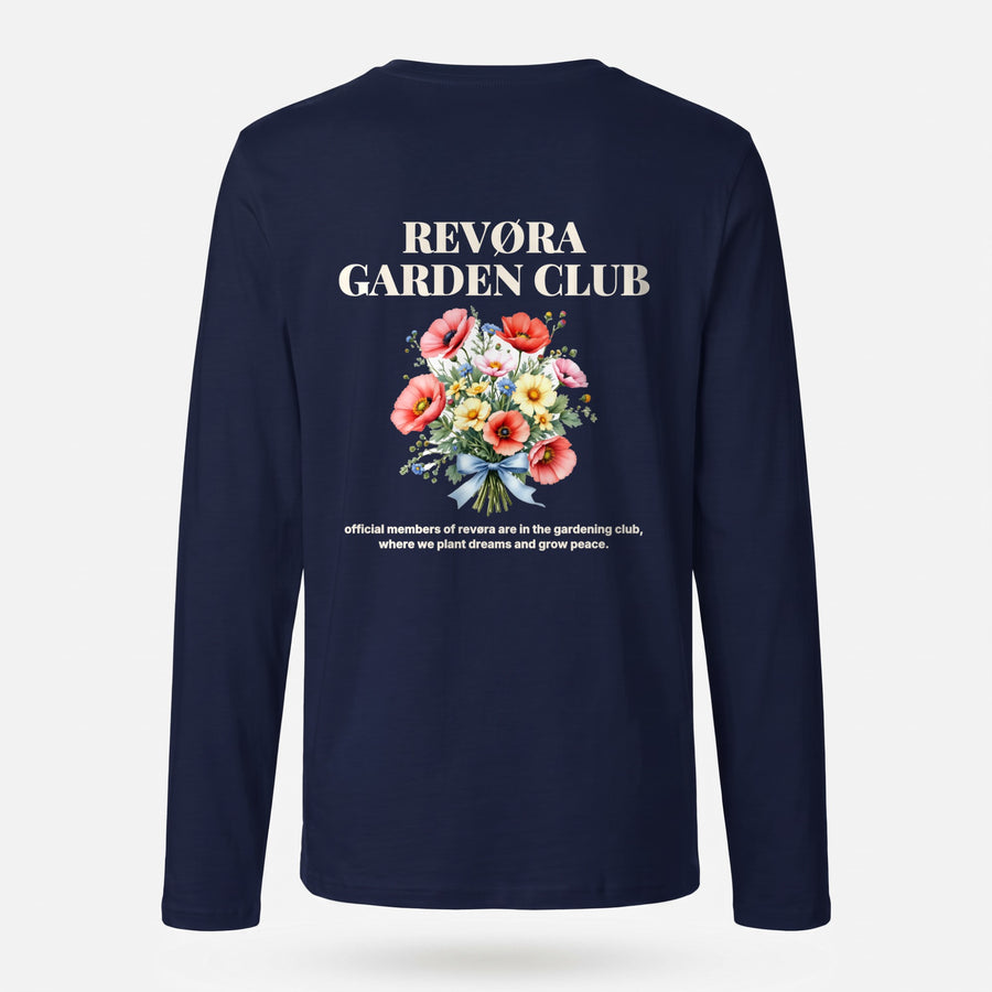 REVØRA Revøra Garden Club – Longsleeve in French Navy, Rückansicht, KI-generierte Abbildung