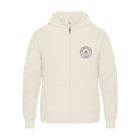 REVØRA Hiver au Sud – Zip-Hoodie in Off White, Brust-Emblem, gedruckt