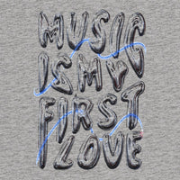 REVØRA Music Is My First Love – Oversized Shirt in Heather Grey, Rückenprint aus der Nähe