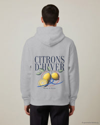 REVØRA Citrons d'Hiver – Hoodie in Heather Grey, getragen, Rückenprint, KI-generierte Abbildung
