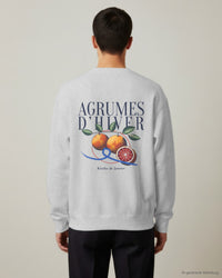REVØRA Agrumes d'Hiver – Sweatshirt in Heather Grey, getragen, Rückenprint, KI-generierte Abbildung
