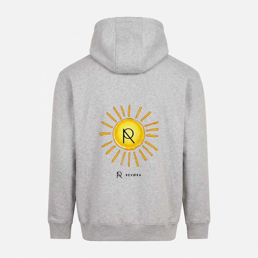 REVØRA Revøra Sun – Hoodie in Heather Grey, Rückansicht, KI-generierte Abbildung