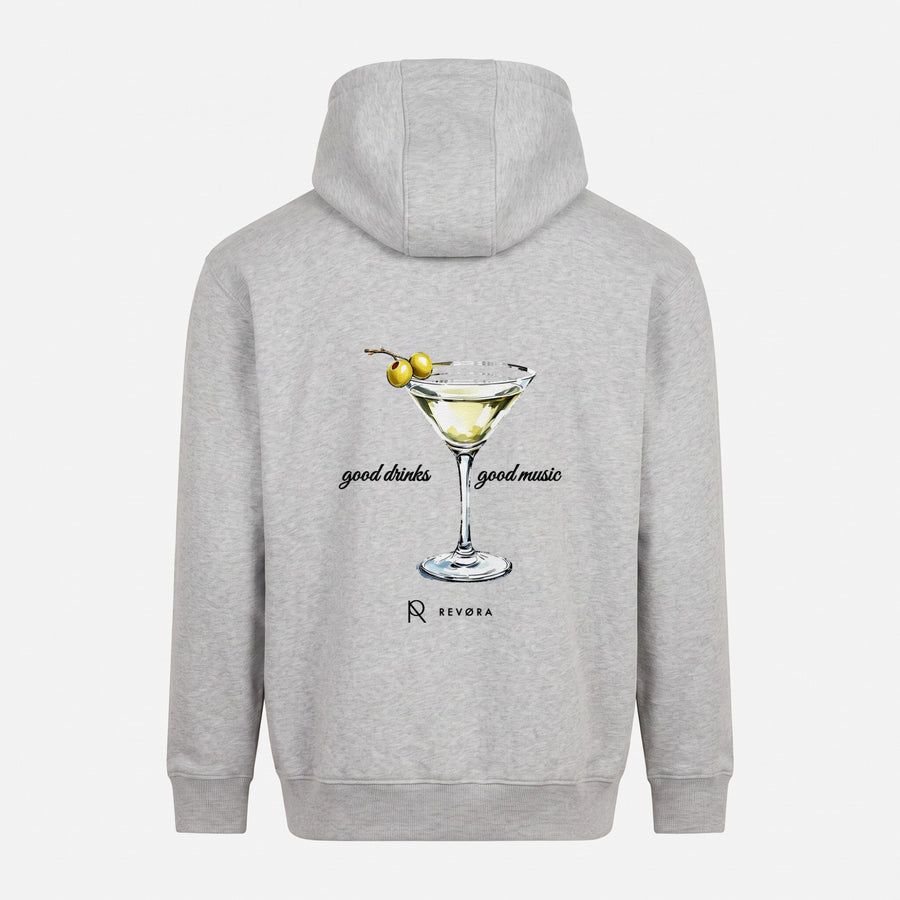 REVØRA Good Drinks, Good Music – Hoodie in Heather Grey, Rückansicht, KI-generierte Abbildung