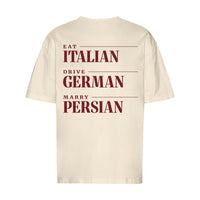 REVØRA Eat Italian Drive German Marry Persian Oversized T-Shirt – Oversized Shirt in Natural Raw, Rückansicht