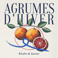 REVØRA Agrumes d'Hiver – Sweatshirt in Natural Raw, Rückenprint aus der Nähe
