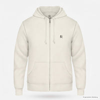REVØRA Olives d'Hiver – Zip-Hoodie in Off White, Brustzeichen RØ, gedruckt