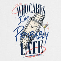 REVØRA Who Cares Probably Late Watch – Oversized Shirt in White, Rückenprint aus der Nähe