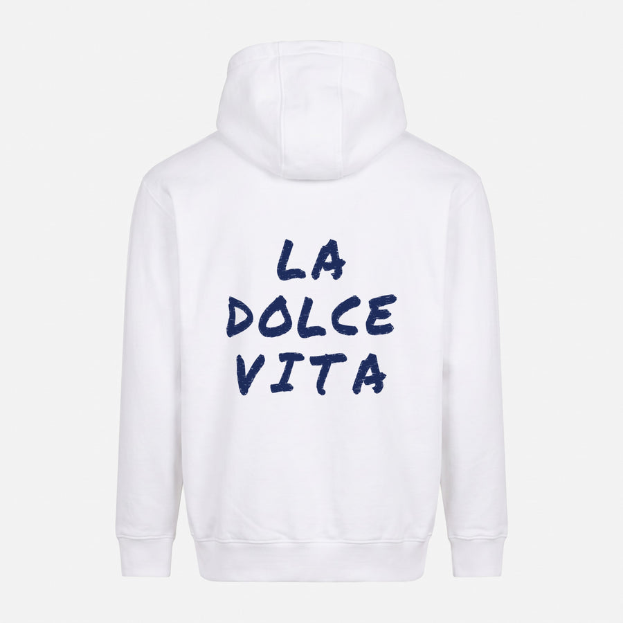 REVØRA La Dolce Vita – Hoodie in White, Rückansicht, KI-generierte Abbildung