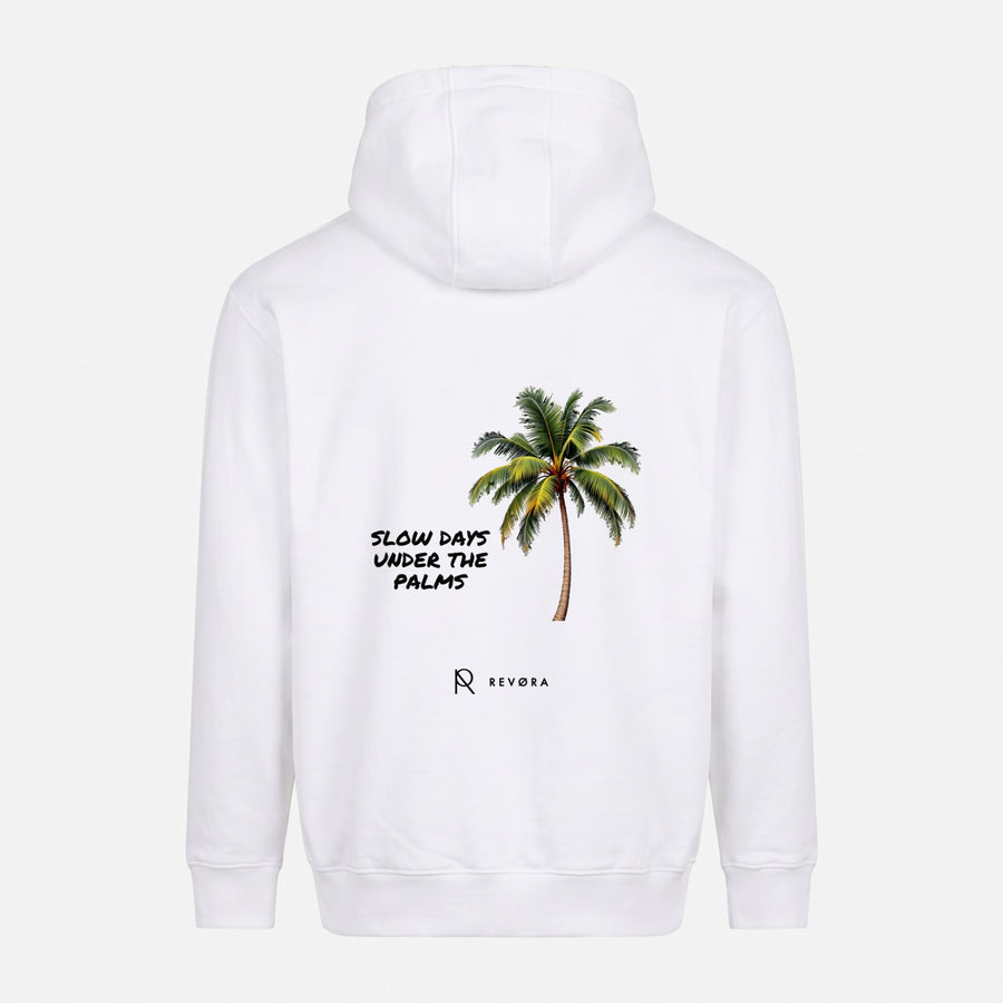 REVØRA Slow Days Under the Palms – Hoodie in White, Rückansicht, KI-generierte Abbildung