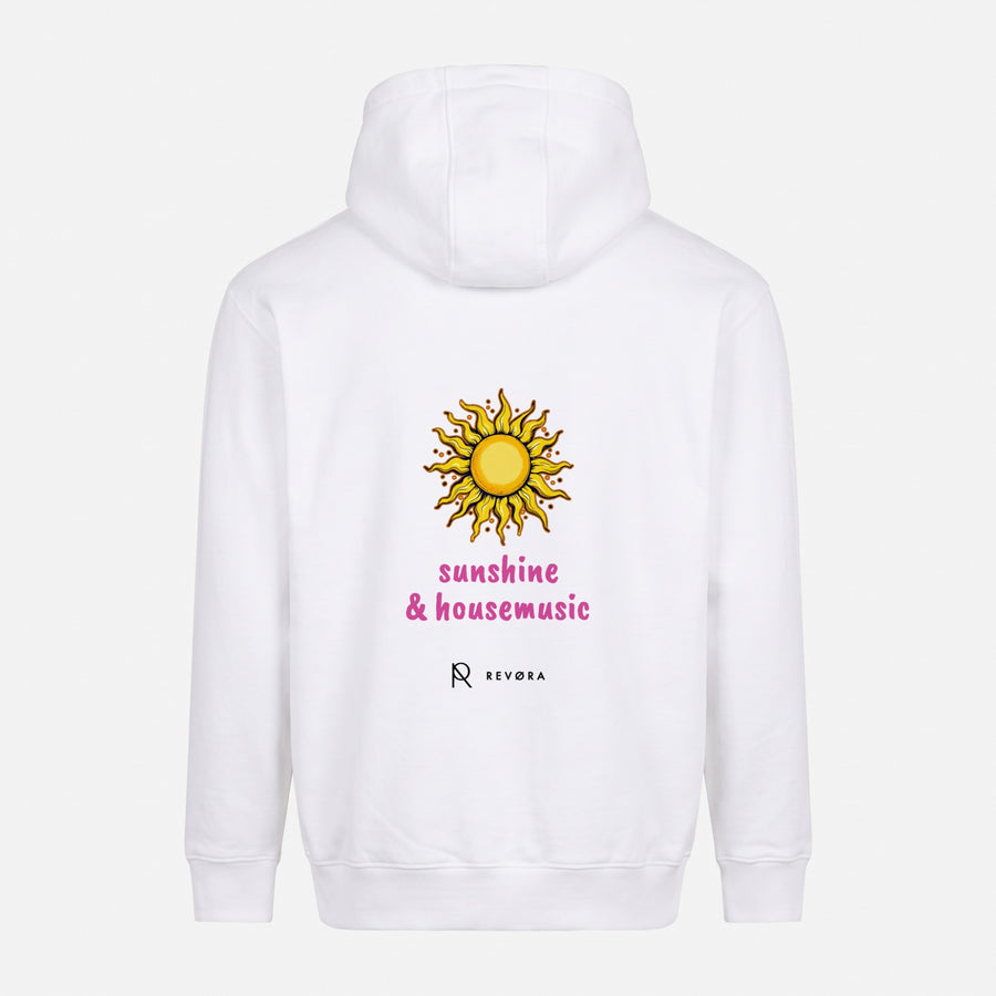 REVØRA Sunshine & Housemusic – Hoodie in White, Rückansicht, KI-generierte Abbildung