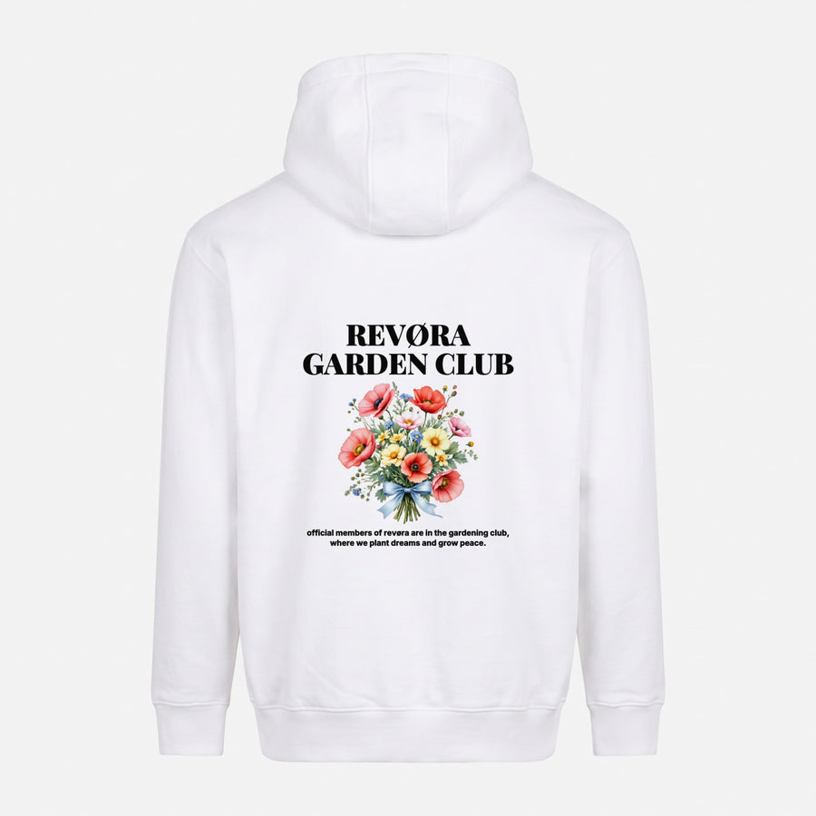 REVØRA Revøra Garden Club – Hoodie in White, Rückansicht, KI-generierte Abbildung