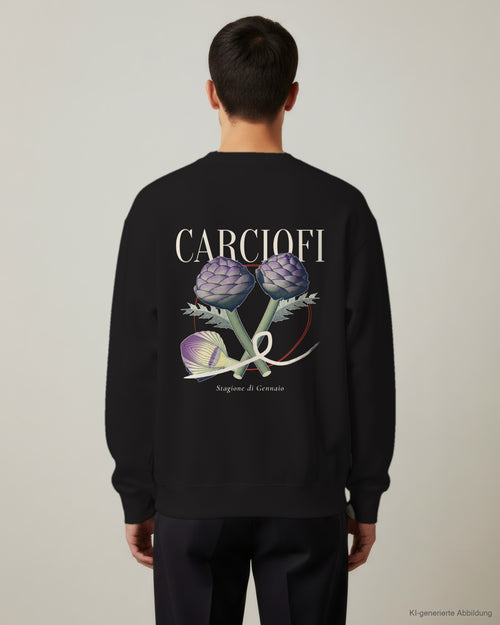 REVØRA Carciofi – Sweatshirt in Black, getragen, Rückenprint, KI-generierte Abbildung