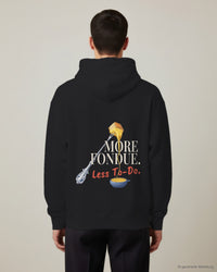 REVØRA More Fondue, Less To-Do – Hoodie in Black, getragen, Rückenprint, KI-generierte Abbildung