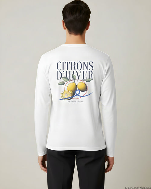REVØRA Citrons d'Hiver – Longsleeve in White, getragen, Rückenprint, KI-generierte Abbildung
