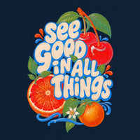 REVØRA See Good Fruit Mix – Oversized Shirt in French Navy, Rückenprint aus der Nähe