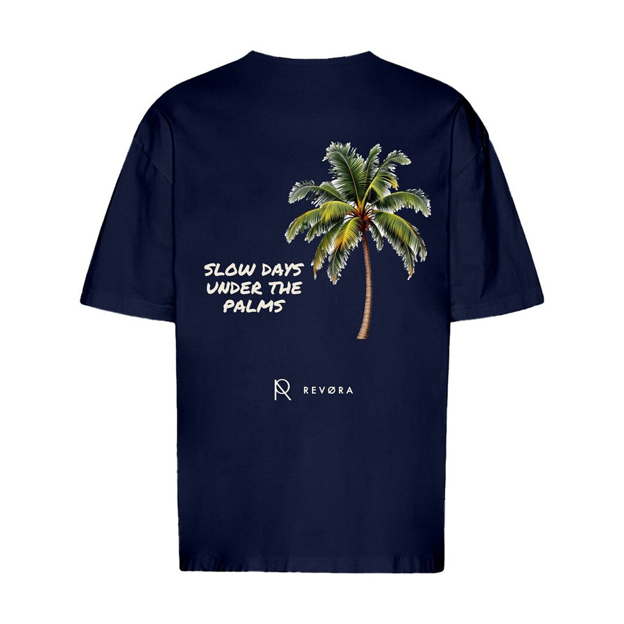 REVØRA Slow Days Under the Palms Oversized T-Shirt – Oversized Shirt in French Navy, Rückansicht