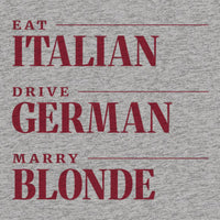 REVØRA Eat Italian Drive German Marry Blonde Oversized T-Shirt – Oversized Shirt in Heather Grey, Rückenprint aus der Nähe