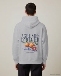 REVØRA Agrumes d'Hiver – Hoodie in Heather Grey, getragen, Rückenprint, KI-generierte Abbildung