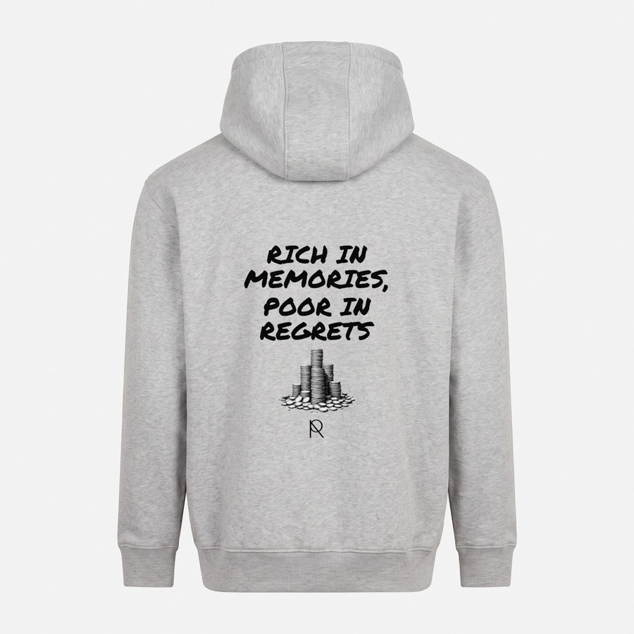 REVØRA Rich in Memories, Poor in Regrets – Hoodie in Heather Grey, Rückansicht, KI-generierte Abbildung