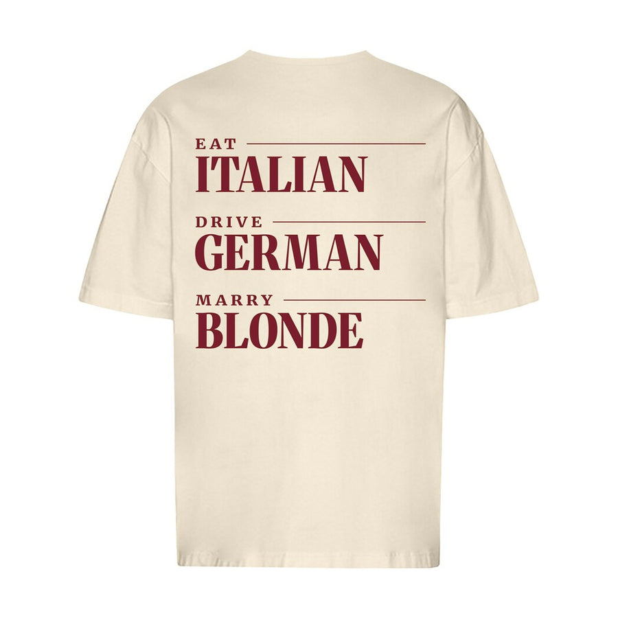 REVØRA Eat Italian Drive German Marry Blonde Oversized T-Shirt – Oversized Shirt in Natural Raw, Rückansicht