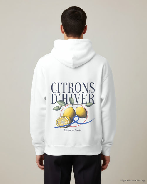 REVØRA Citrons d'Hiver – Hoodie in White, getragen, Rückenprint, KI-generierte Abbildung