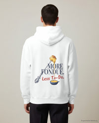 REVØRA More Fondue, Less To-Do – Hoodie in White, getragen, Rückenprint, KI-generierte Abbildung
