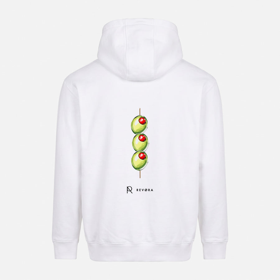 REVØRA Revøra Olive Club – Hoodie in White, Rückansicht, KI-generierte Abbildung